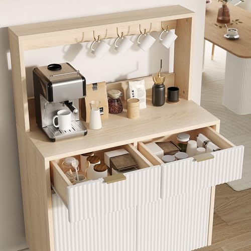 Fluted Sideboard Buffet Cabinet with Storage, Modern Coffee Bar Cabinet with Adjustable Shelves & 2 Drawers, Wood Buffet Console Table for Kitchen Dining Living Room Entryway Hallway, Natural