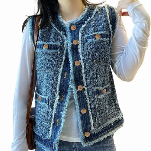 Women's Retro Hook Flower Fur Edge Tweed Denim Vest Sleeveless Tassel Single-Breasted Denim Jackets With Pockets