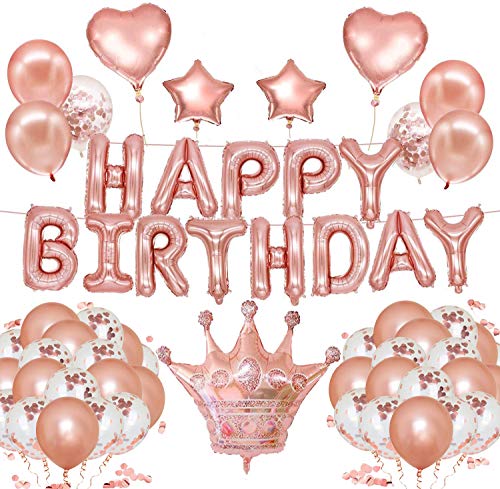 Newlemo Ballons Anniversaire Rose Gold, kit Anniversaire Fille 63 Pièces - Comprenant Une Guirlande Joyeux Anniversaire, Rose Gold Ballons, Ballon de Confettis, Ballon en Feuille d'étoile