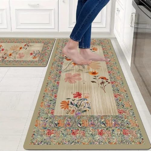 Image of SHREENIDHI Kitchen Floor Mat Set of 2 Rectangular Printed Mats for Sink Stove and Counter Area Placement with Kitchen Theme Geometric and Floral Design Options (Floral Border Mat 1)