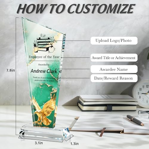 Image of Custom Crystal Trophy Award Personalized Plaque Award with Text Logo Photo Awards Trophies for Employee Recognition Team Graduation Personalized Office Gifts for Boss Coworker Teacher