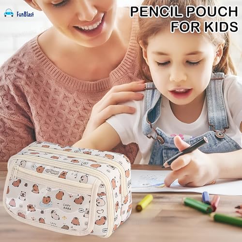 Image of FunBlast Large Capacity Capybara Pencil Pouch for Kids, Multipurpose Pouch | 3 Compartment Pencil Case with Transparent Front Pocket | Zipper Stationery Organizer for School, College & Office