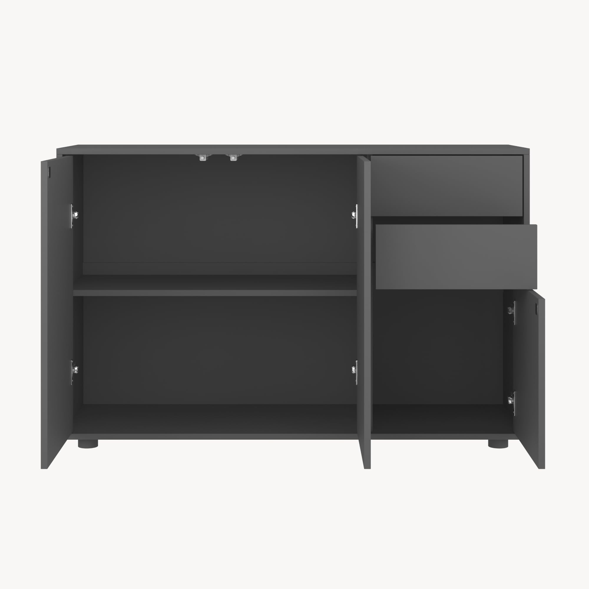 [en.casa] Aparador Paarl Cómoda Armario Bajo 74 x 117 x 36 cm con 2 Cajones y 3 Puertas Organizador de Oficina Sideboard Cajonera Multiusos Mueble Auxiliar Sin Mango - Gris Oscuro Mate