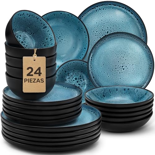 Twinzee Vajillas Completas 6 Personas de Gres Azur Resistente - 24 estilo Riviera - Apta microondas