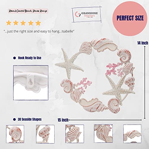 Round Coastal Beach Themed Decor - Metal Wall Art Sculpture - Bathroom Decor Bedroom Decor or Living Room Decor Hanging with Seaside Shells Starfish and Coral garden decorations, White, 15.35 - Image 3