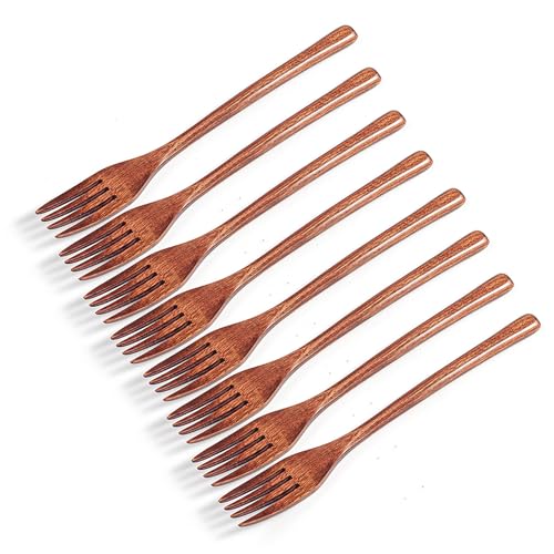Lot de 8 fourchettes en bois de 22,9 cm à long manche, réutilisables, style japonais, faites à la main, pour nouilles, fruits, salade, nouilles, etc