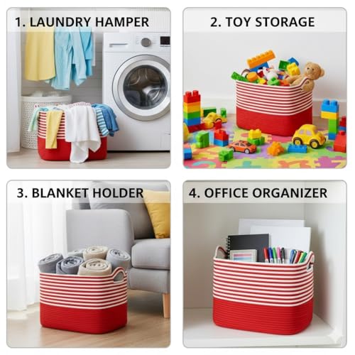 Image of Large Storage Basket, Woven Blanket Basket, Toy Basket with Handle, Laundry Hamper for Living Room, Nursery, Bedroom- 20x15x12 (LXWXH) (red mix)