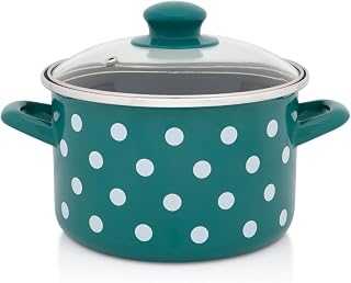 Metalac Olla con tapa de cristal, 16 cm, 2 l, diseño vintage de lunares verdes, esmaltada, color verde