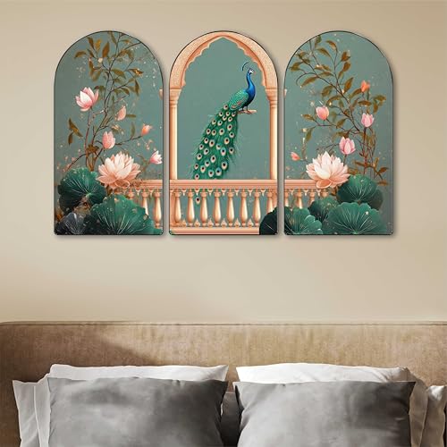 Image of Livin'luxe Peacock Wall Art | Set of 3 MDF Panel Paintings | Lotus Floral & Balcony Palace Theme Decorative Wall Hanging for Living Room, Bedroom & Home Interiors (20 x 30 Inch) RPNS-10