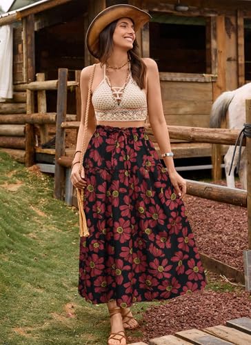 POPZONE Women's Maxi Skirts Floral Printed A-Line Skirts Below The Knee Elastic High Waist Summer Long Skirts for Women2