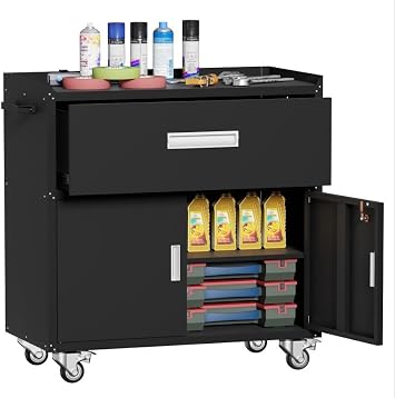Baborokic Black Metal Garage Storage Cabinet With Wheels, Lockable Tool Cabinet With Shelves, Rolling Metal Cabinet for Warehouse, Home
