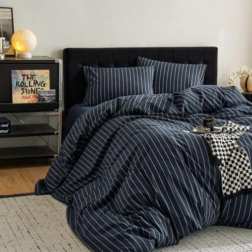Image of Wake In Cloud - Striped Cotton Duvet Cover Set, Ticking Stripe Vertical Pinstripe Farmhouse, 100% Washed Cotton Textured Bedding Set, 3 Pieces, Navy Blue, King Size