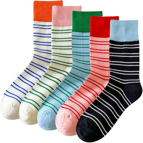 Daphene Womens Cute Cotton Socks All Season | Premium Combed Cotton Breathable Soft | Cartoon Animal Patterns | Comfortable Warm Holiday Gifts | Multi-Color Options (DP Fashion stripe 01-5 pairs)