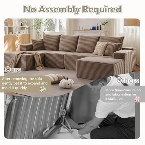 Image of Lakifun 135 inch L-Shape Sofa with Ottoman, Modern Modular Sectional Comfy U-Shape Cloud Couch, Deep Seat, Upholstered Corduroy Sleeper Chaise Longue for Living Room Bedroom, No Assembly Required, Camel
