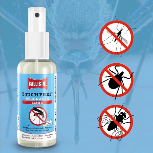 BALLISTOL 26800 Stichfrei Mückenschutz 100ml Spray - Insekten-Spray – 8h Schutz vor Bremsen, Fliegen, Zecken, Moskitos