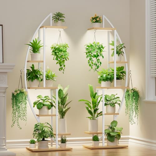 Image of BACEKOLL Plant Stand Indoor with Grow Lights, 6 Tiered Tall Plant Shelf, 63 inch Metal Plant Stand for Indoor Plants Multiple, Half-Moon Plant Rack Display Shelf, 2 Pcs Plant Holder for Living Room, White