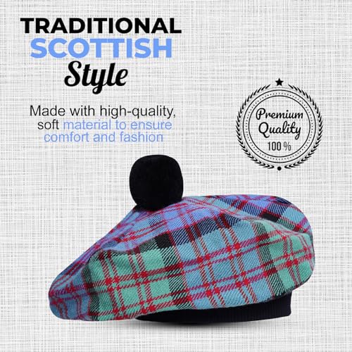 Image of Scottish Tam O' Shanter Hat Tartan Bonnet Pom Pom Wool Flat Cap One Size