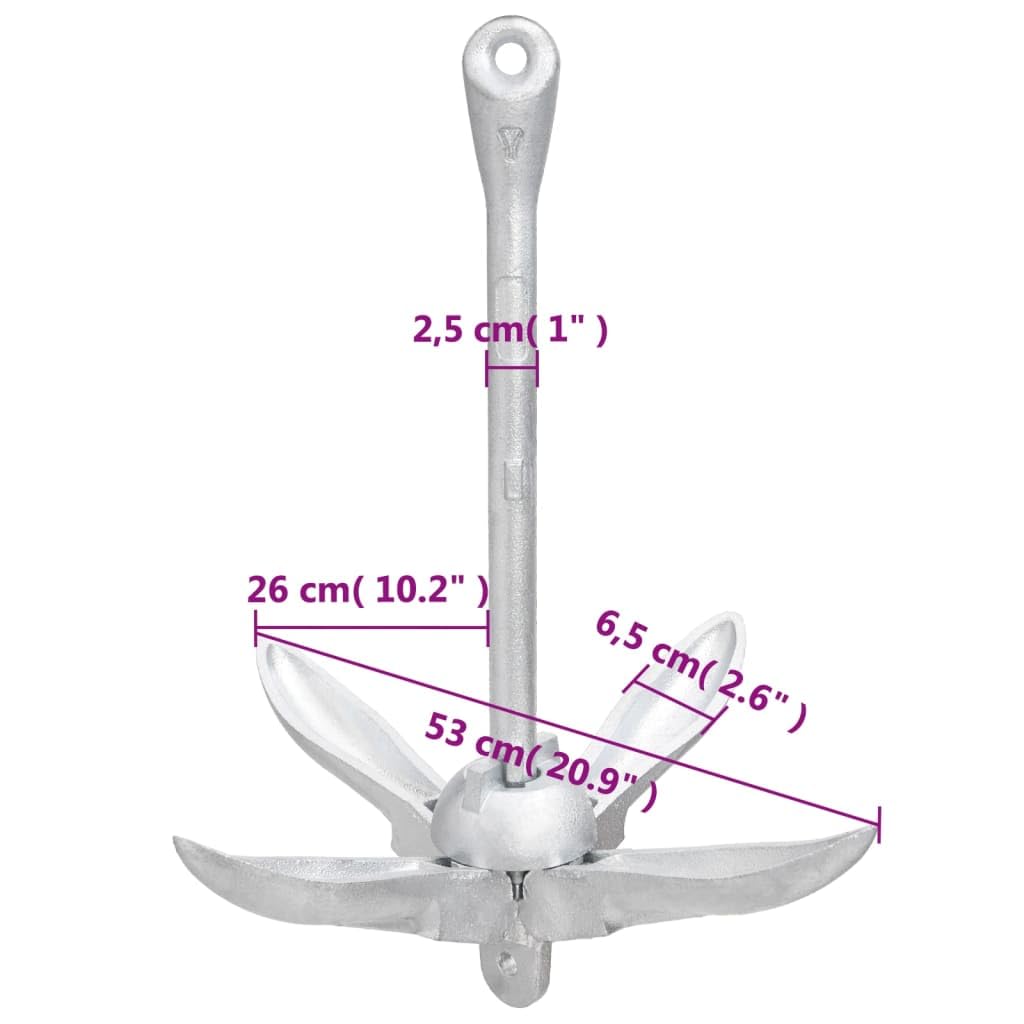 Anclaje plegable de hierro fundido galvanizado en caliente, 8 kg, con 4 hoyuelos para barco, kayak, bote inflable y vela, plegable compacto para mar, río y mar, agarre seguro en arena y barro