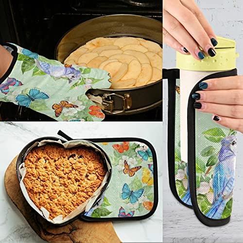 Spring Bird Butterflies Oven Mitts Pot Holder Sets 2pcs Summer Vintage Leaves Non-Slip Kitchen Heat Resistant Hot Pads for Women Cooking Gloves Baking Wear BBQ