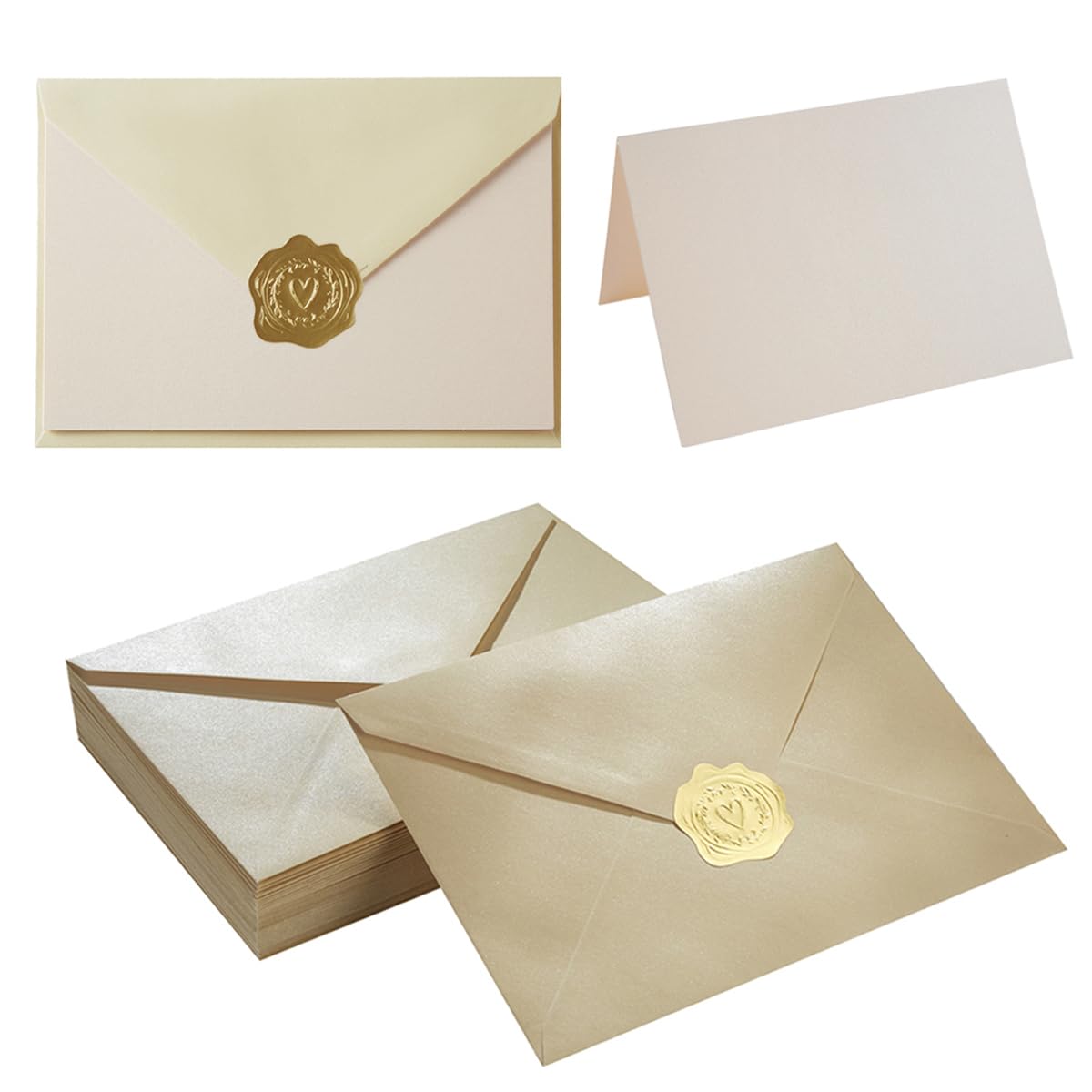 Homtable 50 Pack Shiny 4x6 Envelopes with Shiny Cards and Gold Stickers for Invitations and Greeting Cards (Shiny Cream, 4x6)