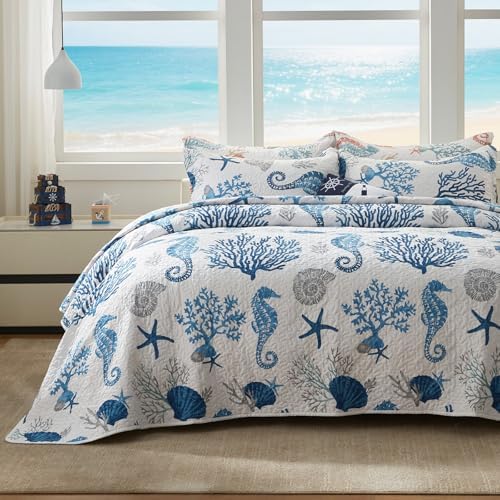 LEAONME Coastal Quilt Set King Size - Lightweight Microfiber Reversible Bedspread, 98''x106'', Sea Blue, Includes 2 Shams