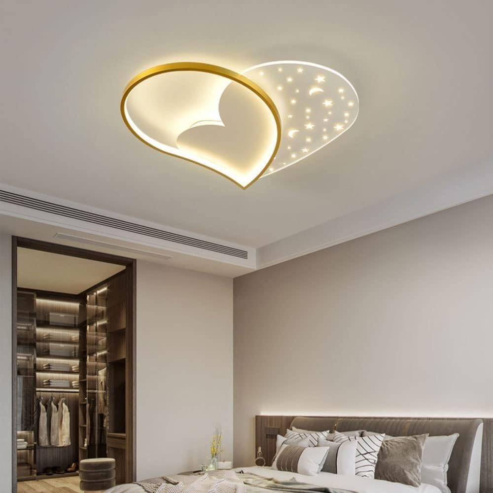 Modern LED Iron & Acrylic Ceiling Lamp, Stepless Dimming Heart Shape Star Moon Flush Mount Ceiling Light, Pink/Gold Finish Eye Protection Lighting Fixture, For Kids Bedroom Nursery(Gold,60CM)