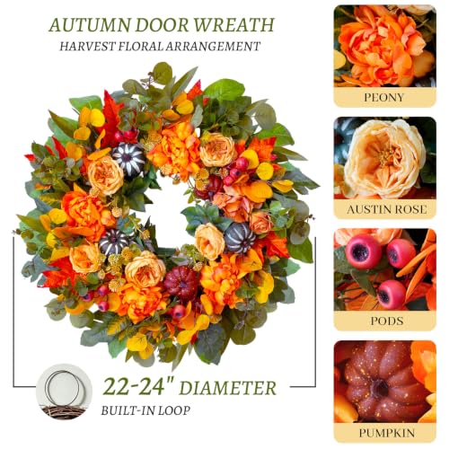 Image of 24 Inch Harvest Fall Wreaths for Front Door Outside with Orange Peony | Artificial Silk Autumn Leaf Wreaths with Realistic Dahlias,Pumpkin,Rustic Farmhouse Thanksgiving Halloween Wall Porch Decor