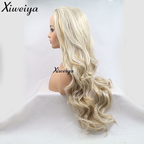 Miniatura 5 de Xiweiya Pelucas largas onduladas de cuerpo mixto, rubio dorado, peluca de encaje frontal, peluca de cabello sintético ondulado natural resistente al