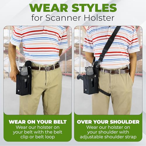Image of Barcode Scanner Holster (Large) | Ballistic Nylon Carrying Case Pouch for Pistol-Grip Mobile Computers | Belt Clip, Belt Loop, Shoulder Strap | Fits Zebra Scanner MC9500 /9300 /9200 /9100