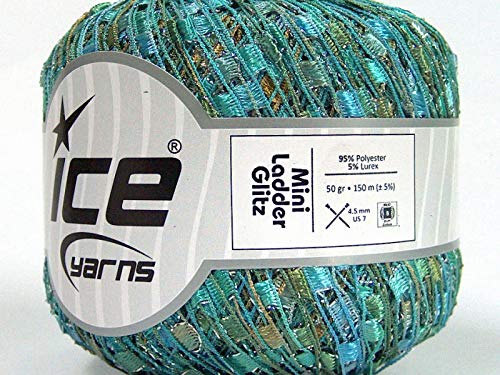Malibu Mist Mini Ladder Glitz Ribbon Yarn - Turquoise Blue Green Gold with Silver Metallic Sparkle 50 Gram