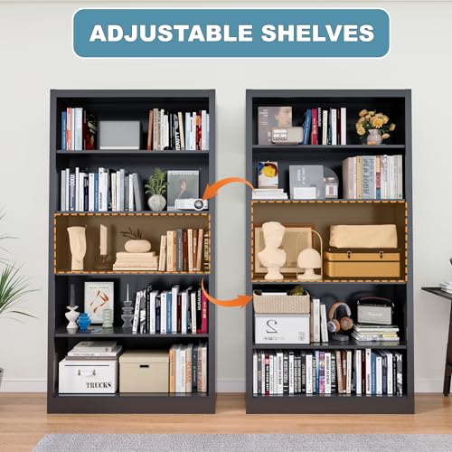 Image of 66 inch Tall Metal Bookcase, 5 Shelf Heavy Duty Bookcase with Adjustable Shelves, Large Book Storage Shelf for Living Room, Home Office, Library, Black