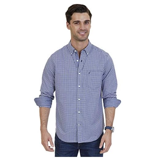 Nautica mens Classic Fit Stretch Solid Long Sleeve Button Down Shirt, Indigo, Large US