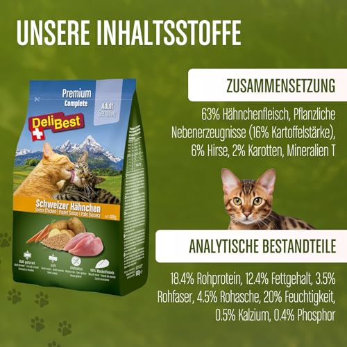 DeliBest Adult Sensitive Complete Cat Hähnchen I Trockenfutter für Katzen I aus 100% Schweizer Hähnchenfleisch I Glutenfrei, & ohne Zusätze I Katzenfutter kaltgepresst I 600 g