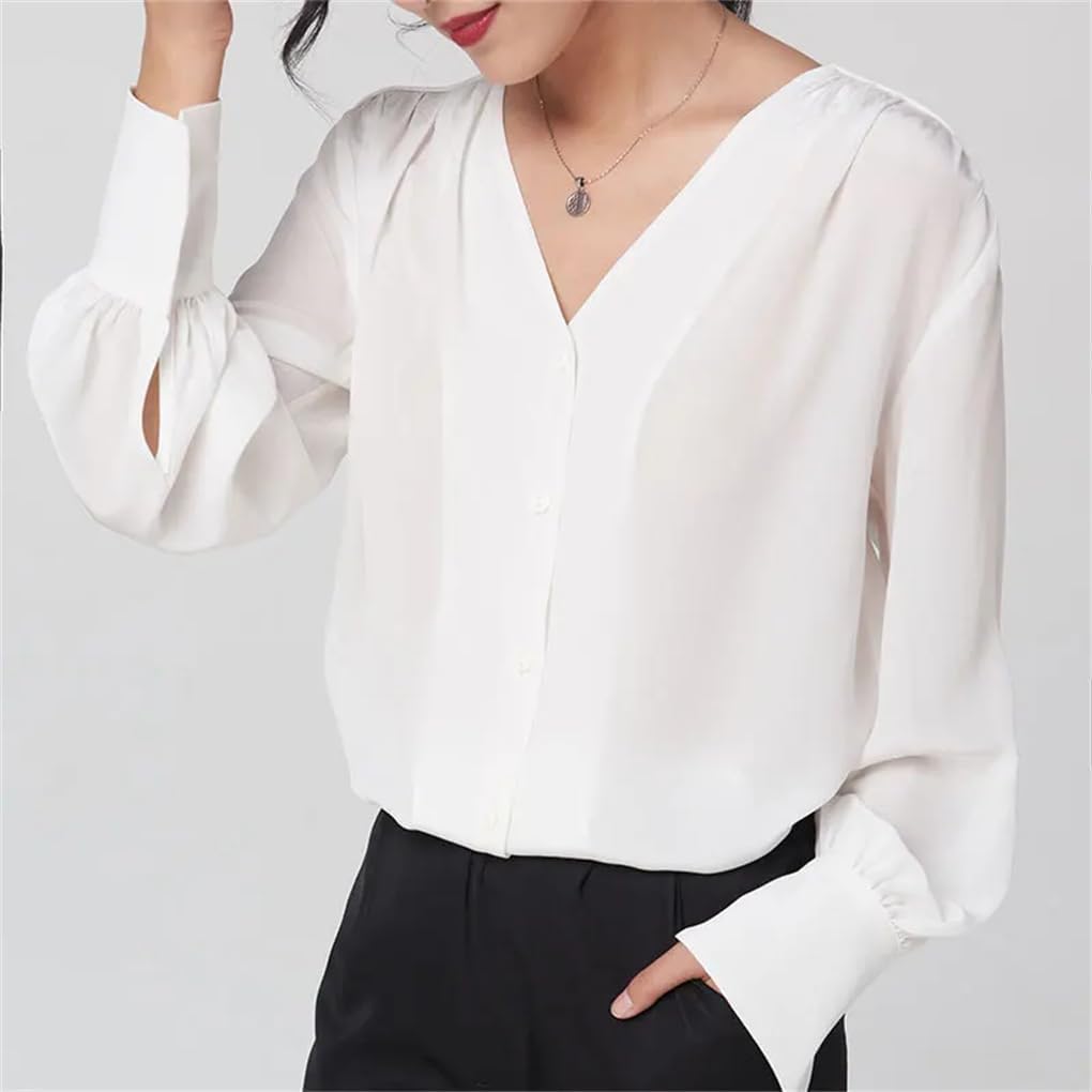 Office Lady Silk Long Sleeve Work Blouse Women's V-Neck Blouse Silk Shirt 2024