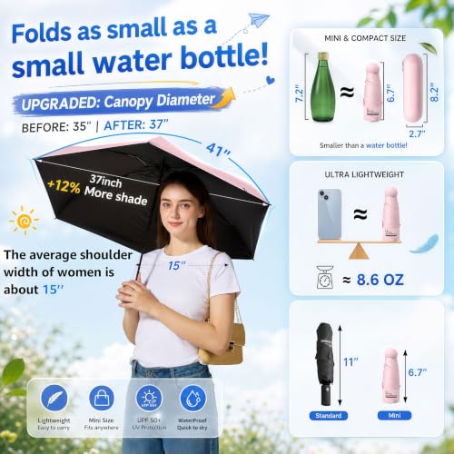 Image of BAODINI Travel Mini Umbrella for Purse with Case-Small Compact UV Umbrella Protection Sun-Lightweight Tiny Pocket Umbrella with Case for Women, Girls