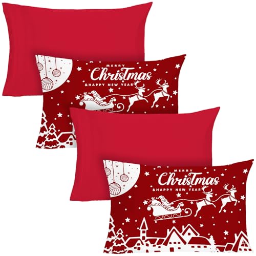 YIYEA Christmas King Size Pillow Cases Set of 4, Ultra Soft Double Brushed Microfiber Red Pillowcases and Christmas Pillow Covers, Envelope Closure, Fade Resistant (20"x36")