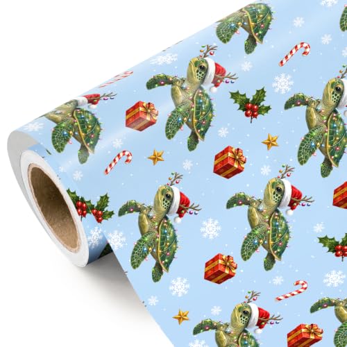 WRAPAHOLIC Turtle Christmas Wrapping Paper - 17 Inch x 16.5 Feet - Blue Ocean Animal Gift Wrap for Xmas Holiday, Kids Presents, Winter Season