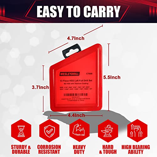 Wesleydrill Left Hand Drill Bit Set 13Pcs 1/16"-1/4" Titanium Twist Reverse Drill Bits Fit For Cutting Metal, Cast Iron, Hard Plastics And Wood, And Are Also Available For Softer Materials #TOP7