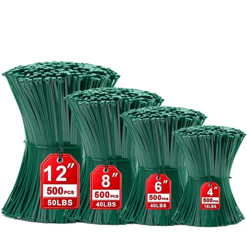 Image of Zip Ties Assorted Sizes(4 inch+6 inch+8 inch+12 inch), 2000 Pack,Green Cable Ties,Multi-Purpose Self-Locking Nylon Cable Cord Management,Plastic Wire Ties for indoor and outdoor use.