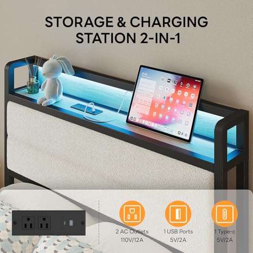 Image of LIKIMIO Twin Bed Frame with Storage Headboard & LED Lights, Metal Platform Bed with Charging Station, Noise Free, No Box Spring Needed, Under Bed Storage, Natural and Cream
