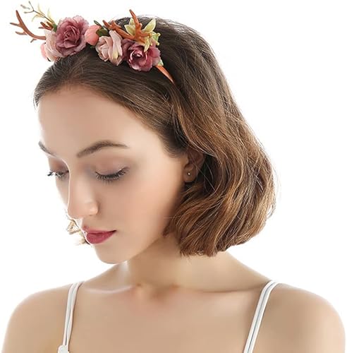 Miniatura 3 de Wiwpar Diadema con cuernos para el cabello, aro de corona de flores, diadema floral, diadema para festivales de Navidad, lindos ciervos, accesorios