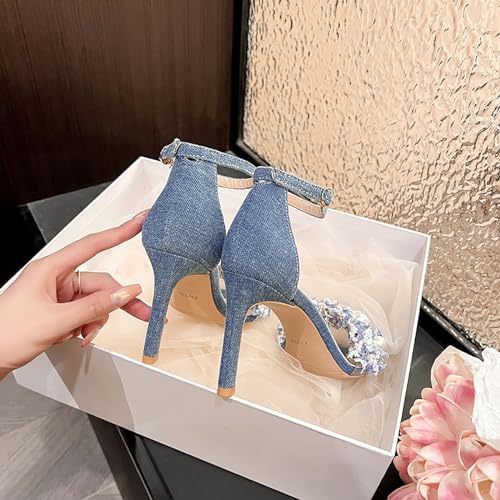 WENOREG Women's Rhinestones Pearl Open Toe Ankle Strap Stiletto Sandals,Summer Adjustable Ankle Strap Denim High Heels Bride Wedding Party Dress Shoes4