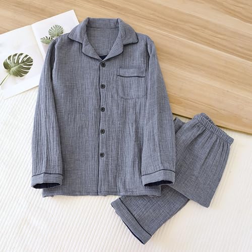 Mens Cotton Pajamas Sets Solid Pocket Comfy Sleepwear Long Sleeve Loungewear Button Down Pajamas and Long Pants2