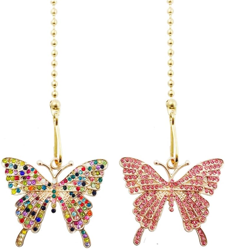 Ceiling Fan Light Extender Chain Pulls, Lamp Extension String Chains Connectors, Decorative Crystal Rhinestone Butterfly Ornaments Pendant for Girls Decor Gifts（Pink & Assorted Color