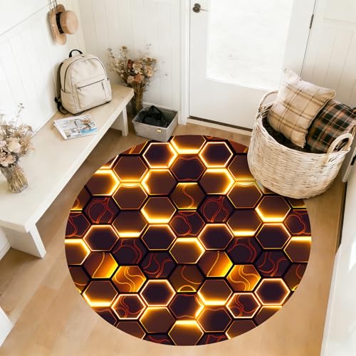 VTKON Geometric Hexagon Round Rug 3 Ft 3D Neon Honeycomb Circle Area Rug Glow Gold Floor Mat for Home Decor Modern Aesthetic Carpet Hexagon Throw Rugs