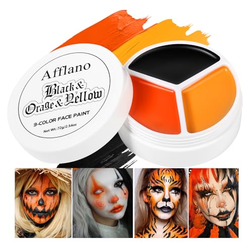 DE'LANCI Cor do rosto preto, laranja, amarelo, acabamento acetinado, cor do corpo para carnaval, Halloween, maquilhagem facial branca, palhaço, zombie, SFX, esqueleto cosplay