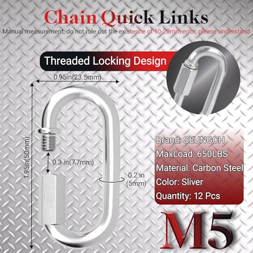 1.95\" Chain Quick Links, 12Pcs 5/16\" Heavy Duty Carabiner, 650 LBS Capacity, High Strength Anti-Rust Chain Connector for Hammock Hanging, Camping, and Hiking (Sliver) - Thumbnail 2