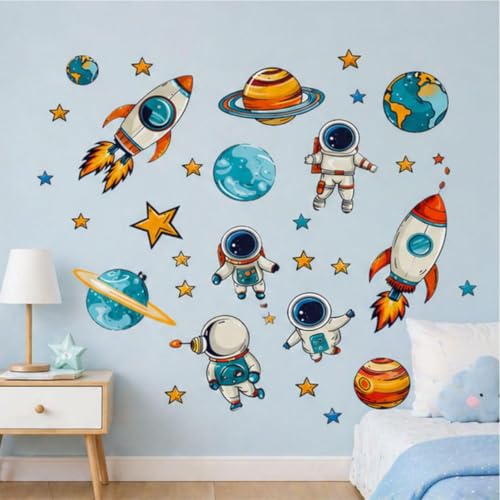 Image of Space Theme Wall Sticker for Ki-ds | Self Adhesive Astronaut, Rocket & Planet PVC Wall Decal for Nursery, Bedroom & Playroom Decor