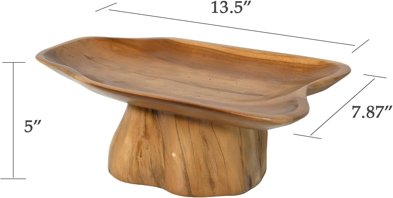 Decorative Bowl for Tabletop Decor, Live Edge Serving Tray with Base, Home Centerpiece Decor, Teak Wood
