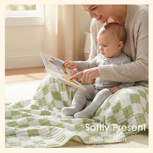 Image of 6-Layer Muslin Baby Blanket Made with Organic Cotton - Classic Neutral Checkered, Swaddle & Crib Quilt, 43 inchx43 inch, Warm Sage Green Checkered